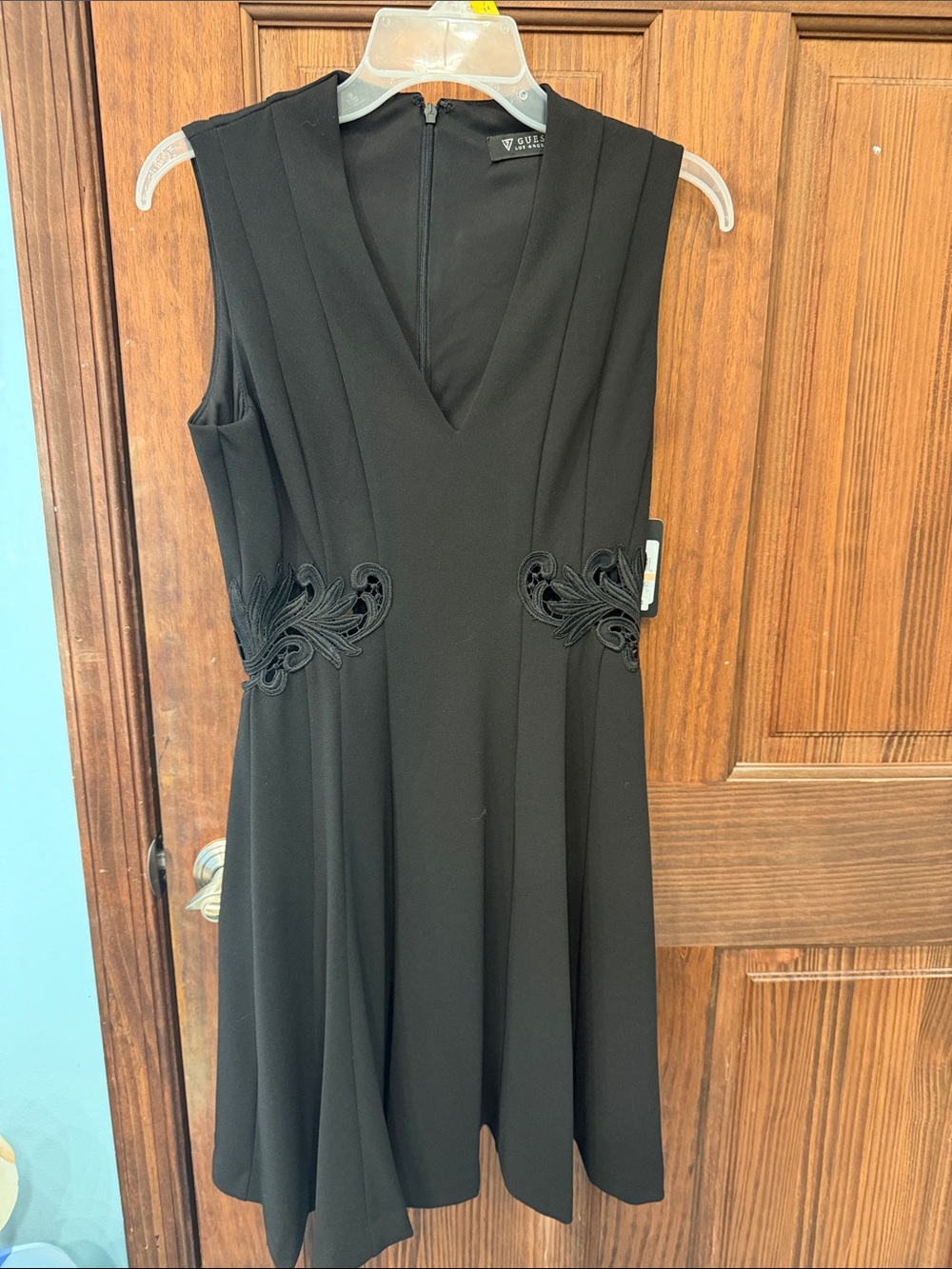 Guess Black V-Neck Sleeveless Midi Dress with Waist Appliqué -Brand New